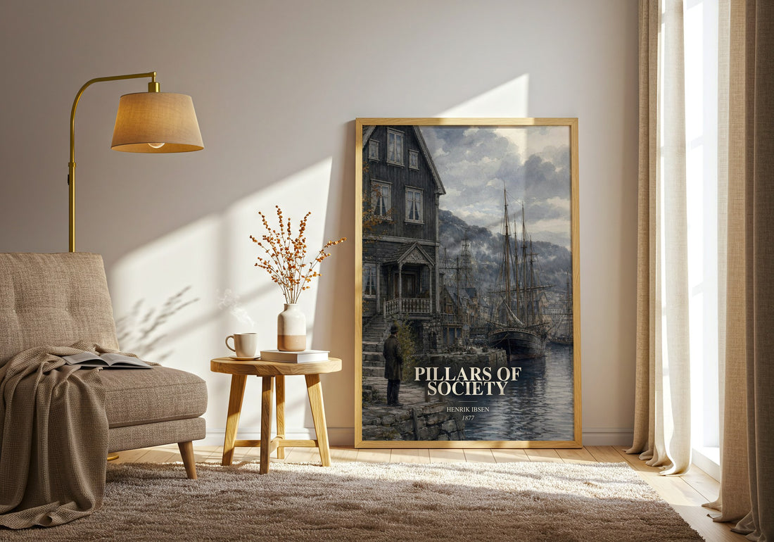 Pillars Of Society watercolour print in frame leaning in hallway – classic literature wall art (mockup)