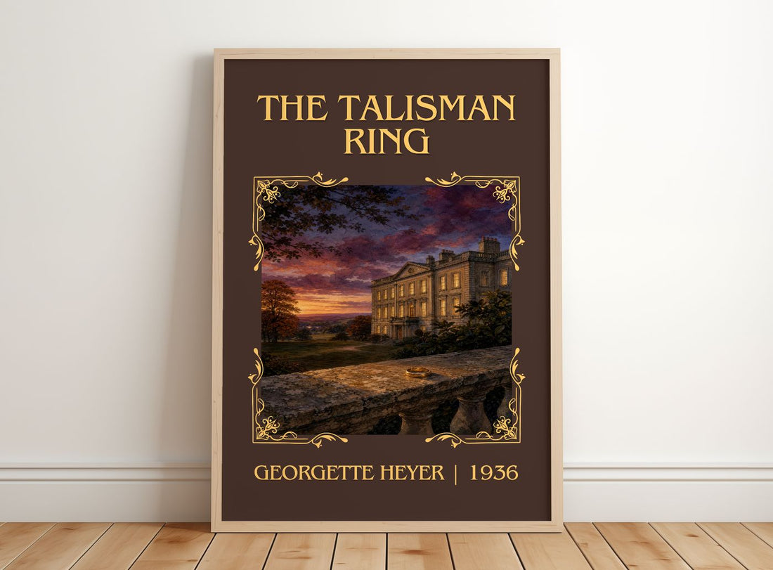 The Talisman Ring Classic Book Art Print by Georgette Heyer – framed print leaning on a wooden floor