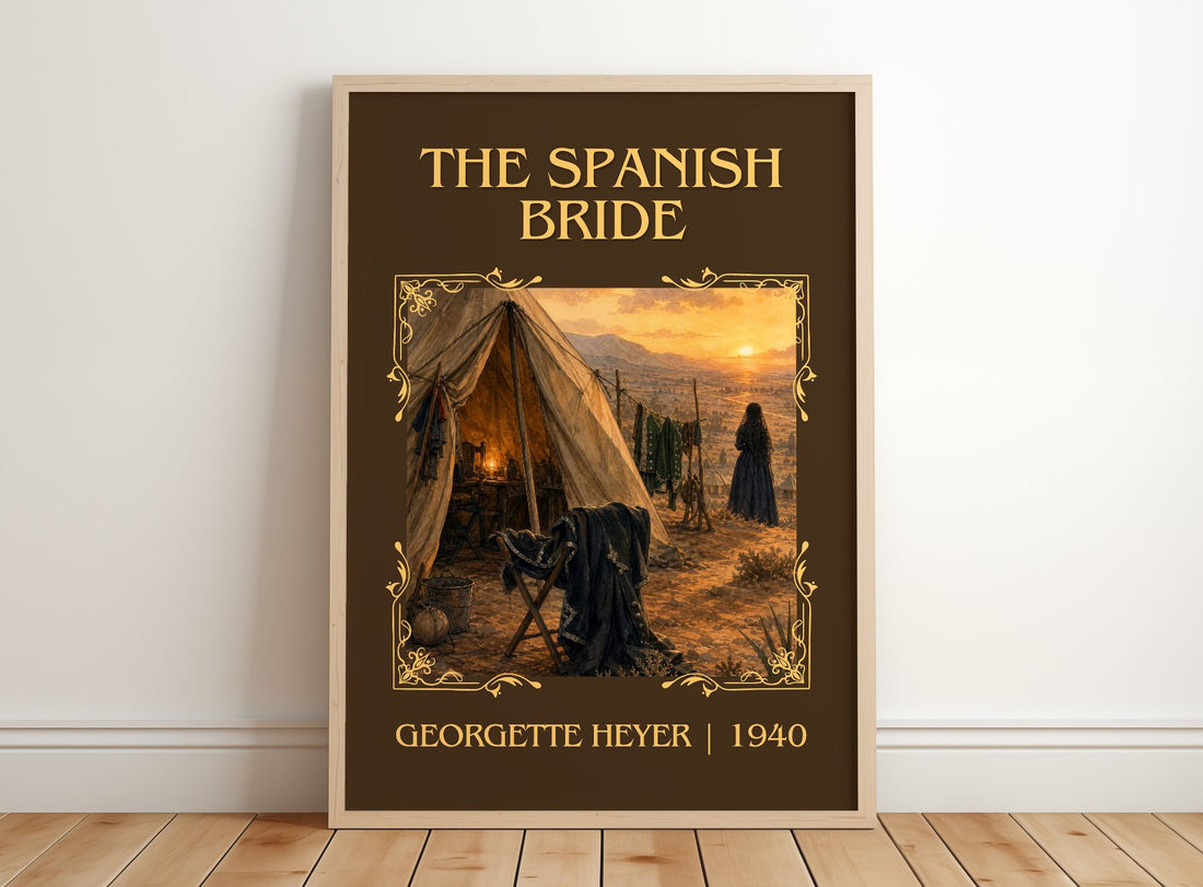The Spanish Bride Classic Book Art Print by Georgette Heyer – framed print leaning on a wooden floor