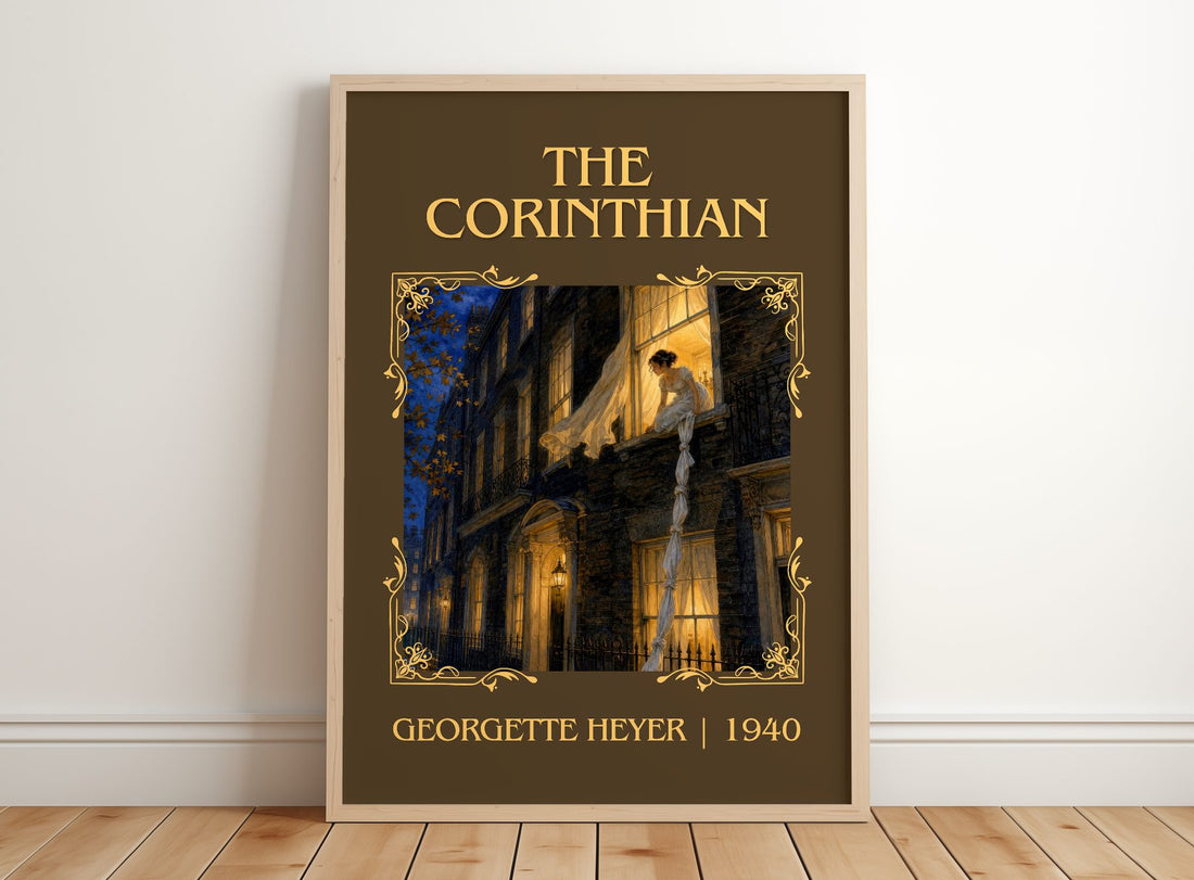 The Corinthian Classic Book Art Print by Georgette Heyer – framed print leaning on a wooden floor