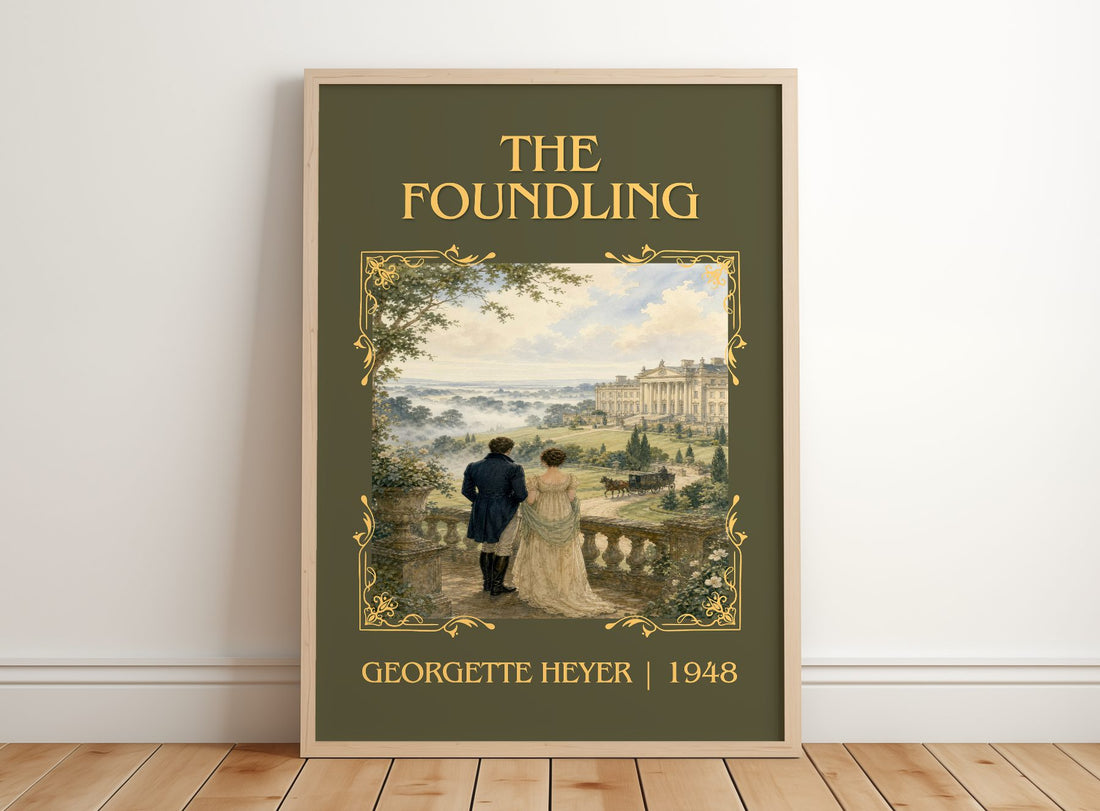 The Foundling Classic Book Art Print by Georgette Heyer – framed print leaning on a wooden floor