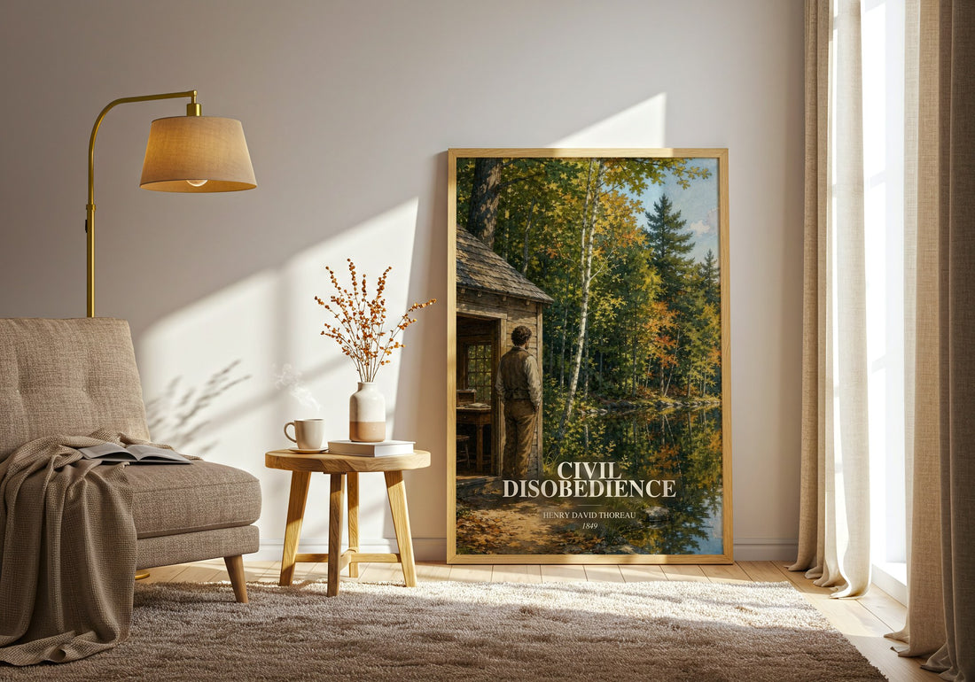 Civil Disobedience watercolour print in frame leaning in hallway – non fiction wall art (mockup)