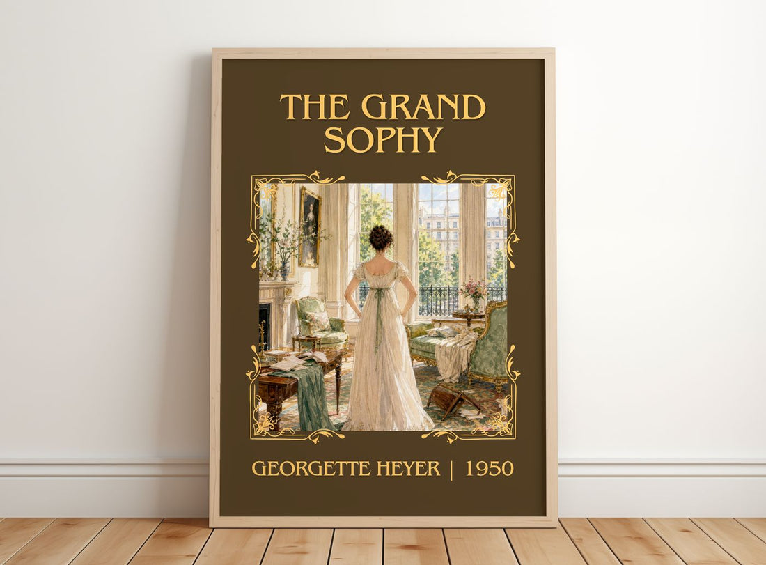 The Grand Sophy Classic Book Art Print by Georgette Heyer – framed print leaning on a wooden floor