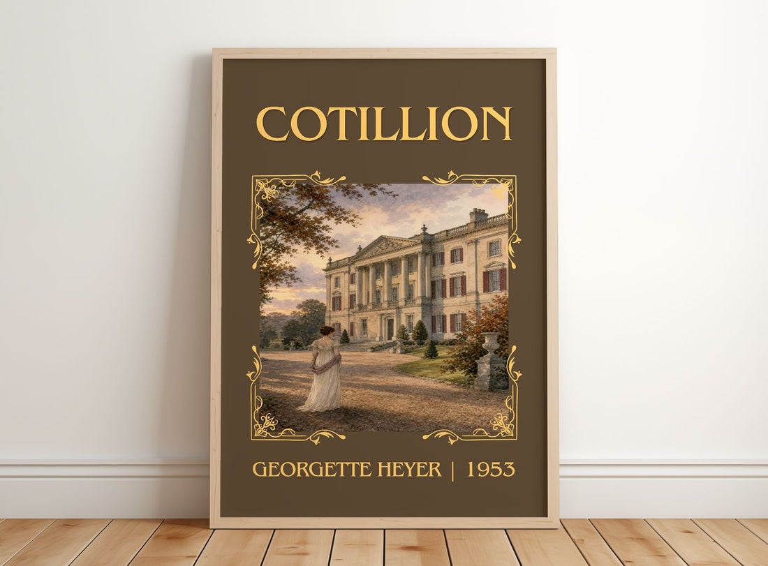 Cotillion Classic Book Art Print by Georgette Heyer – framed print leaning on a wooden floor