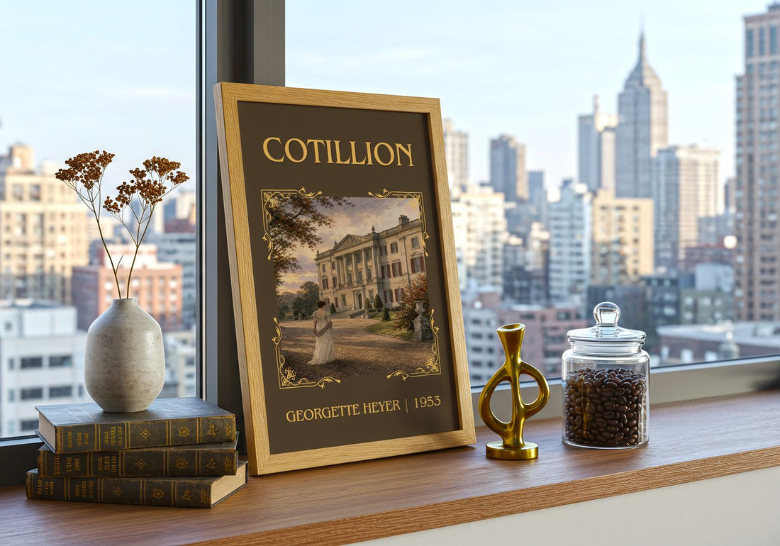 Cotillion Classic Book Art Print by Georgette Heyer – framed print on a city-view windowsill