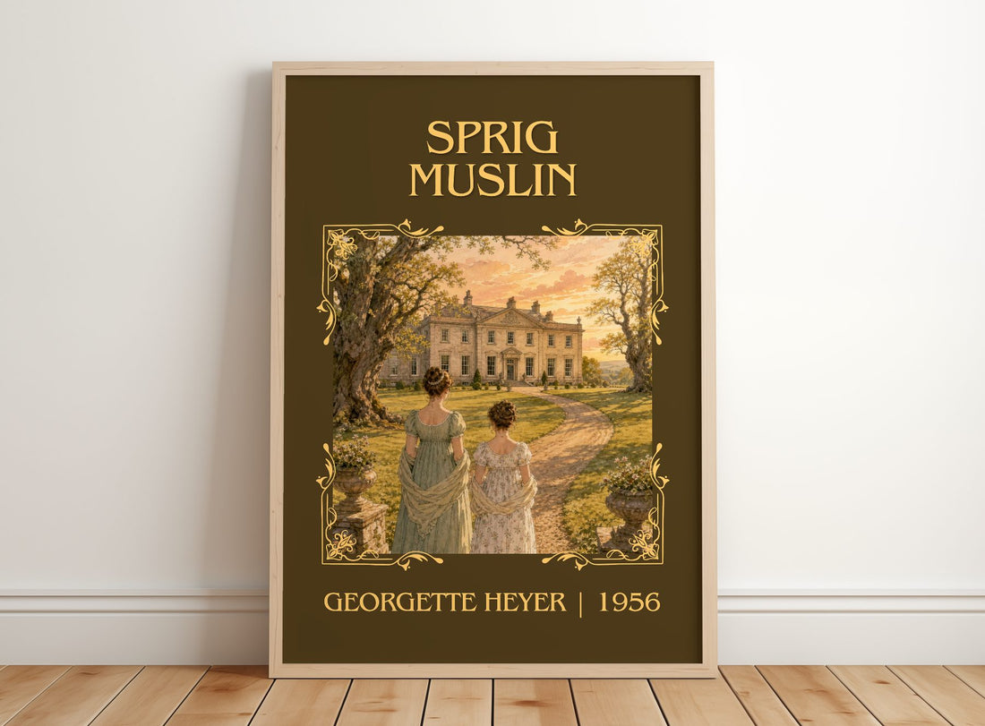 Sprig Muslin Classic Book Art Print by Georgette Heyer – framed print leaning on a wooden floor