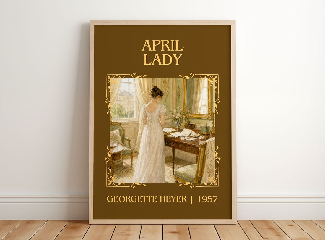 April Lady Classic Book Art Print by Georgette Heyer – framed print leaning on a wooden floor