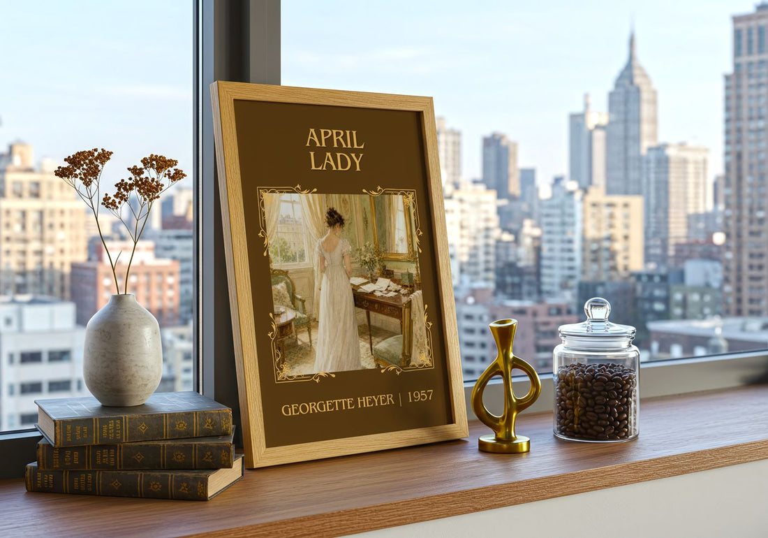 April Lady Classic Book Art Print by Georgette Heyer – framed print on a city-view windowsill