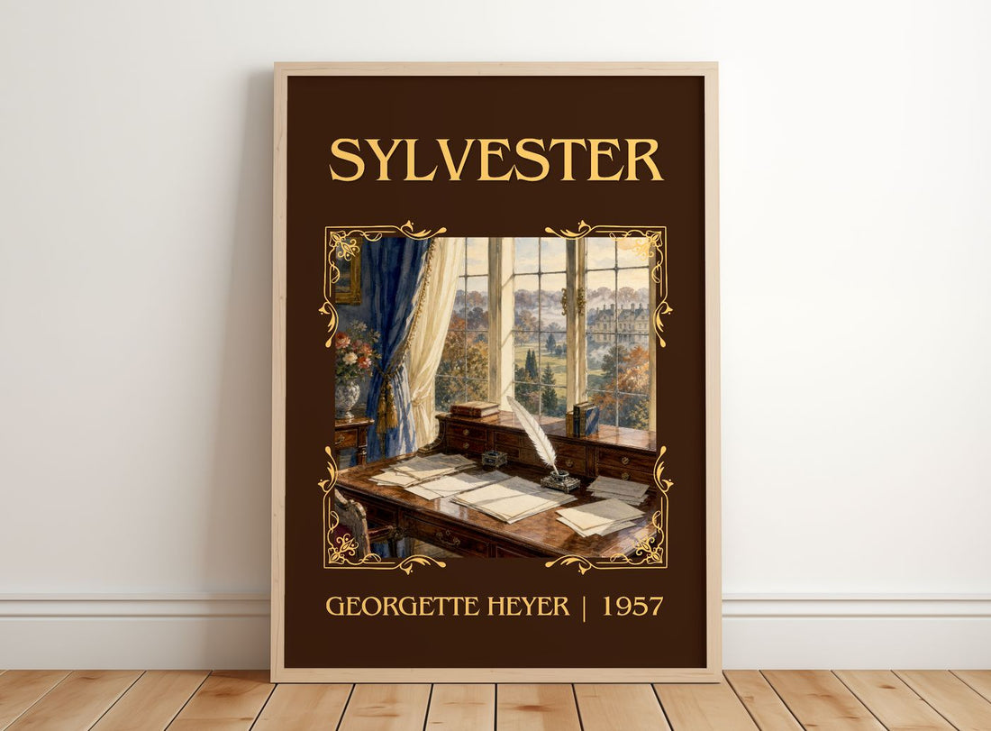 Sylvester Classic Book Art Print by Georgette Heyer – framed print leaning on a wooden floor