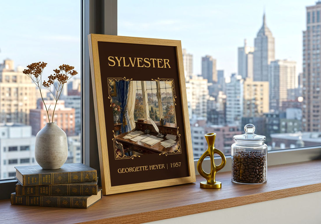 Sylvester Classic Book Art Print by Georgette Heyer – framed print on a city-view windowsill