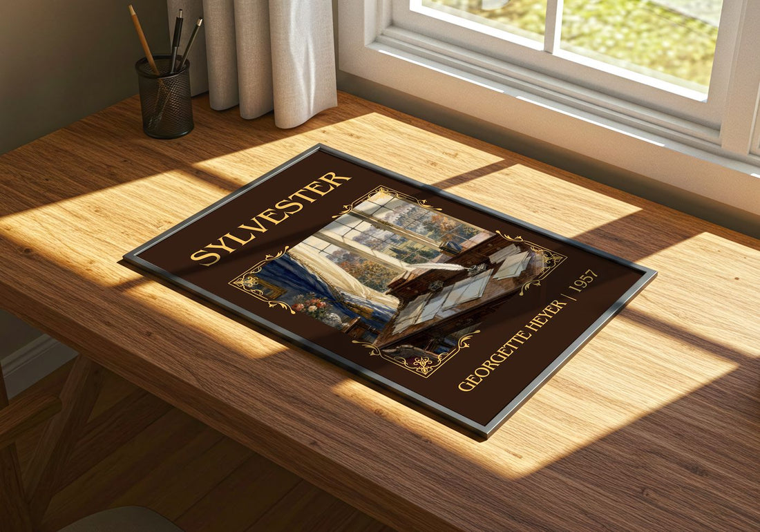 Sylvester Classic Book Art Print by Georgette Heyer – print on a sunlit desk