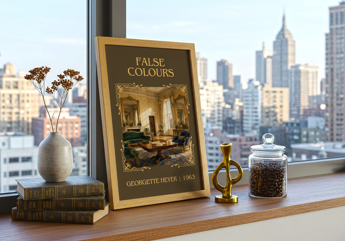 False Colours Classic Book Art Print by Georgette Heyer – framed print on a city-view windowsill