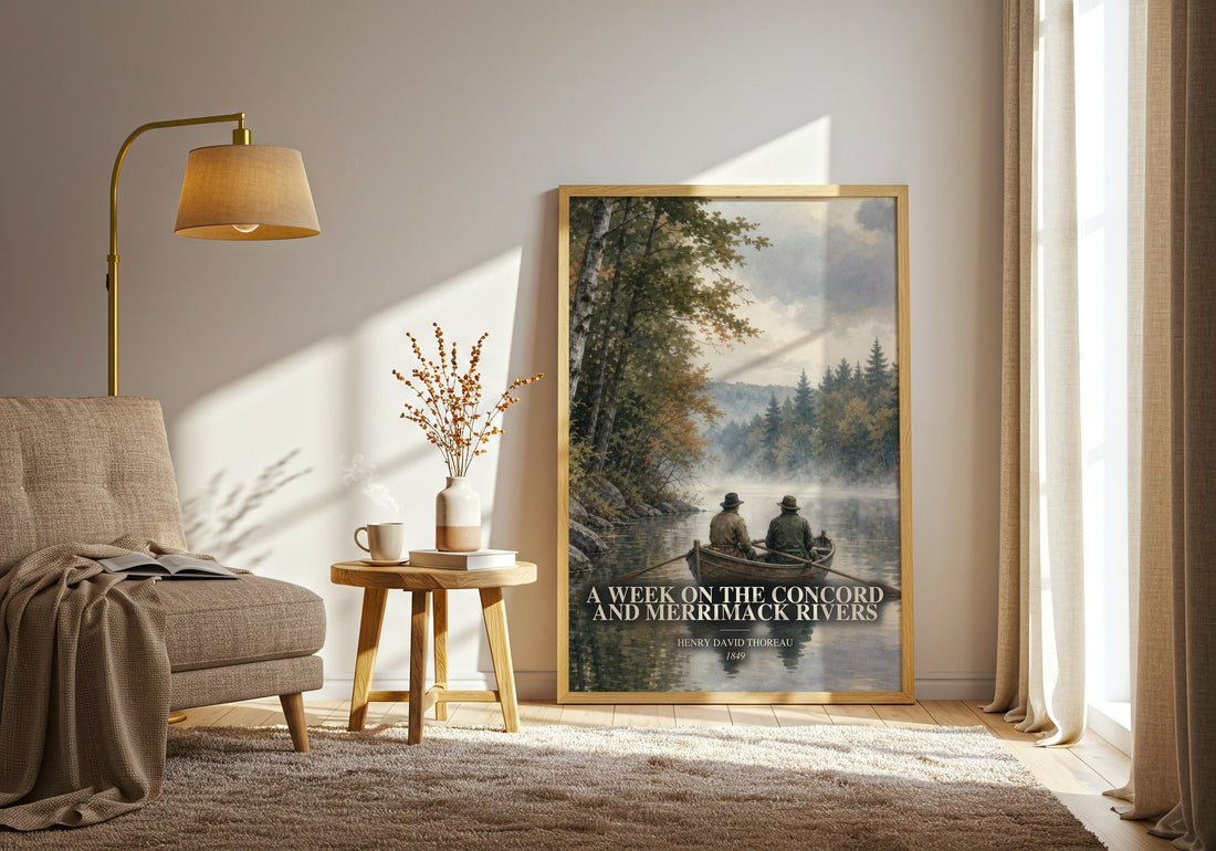 A Week On The Concord And Merrimack Rivers watercolour print in frame leaning in hallway – non fiction wall art (mockup)