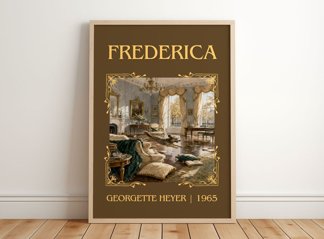 Frederica Classic Book Art Print by Georgette Heyer – framed print leaning on a wooden floor