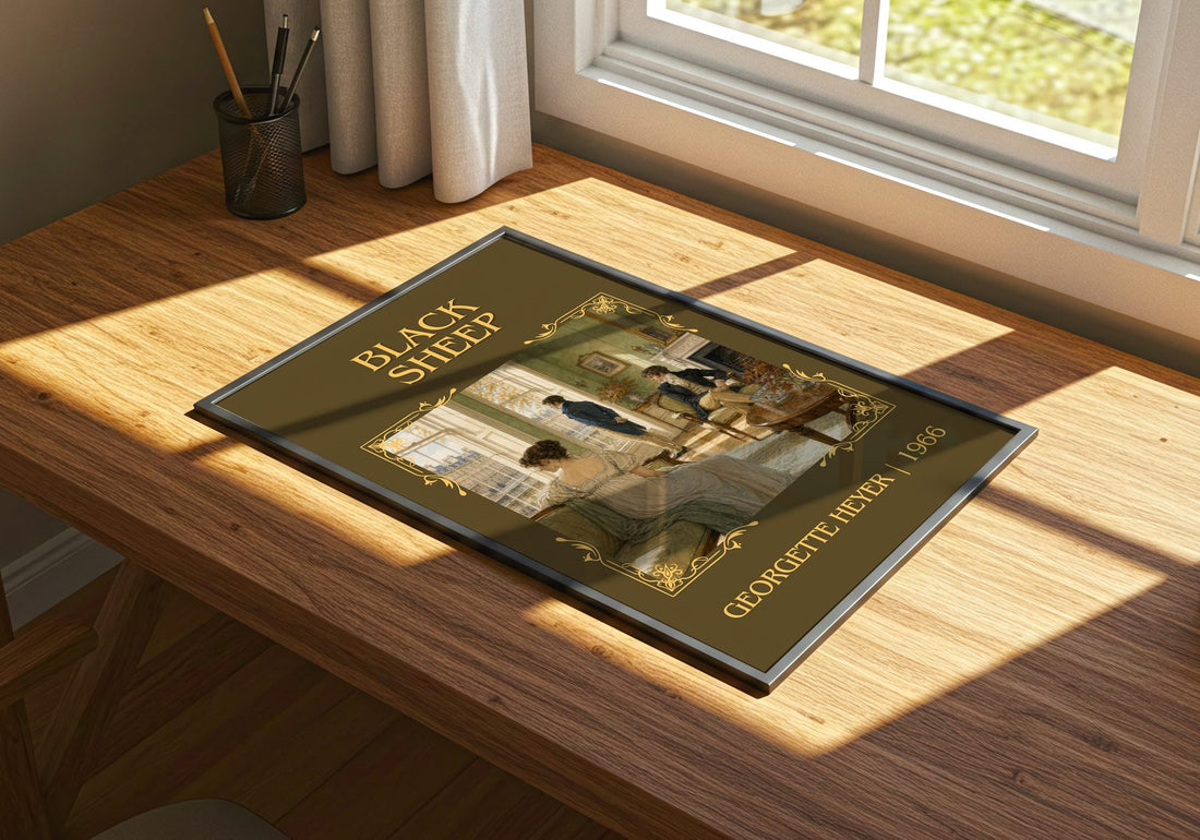 Black Sheep Classic Book Art Print by Georgette Heyer – print on a sunlit desk