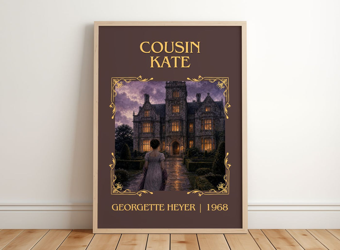 Cousin Kate Classic Book Art Print by Georgette Heyer – framed print leaning on a wooden floor
