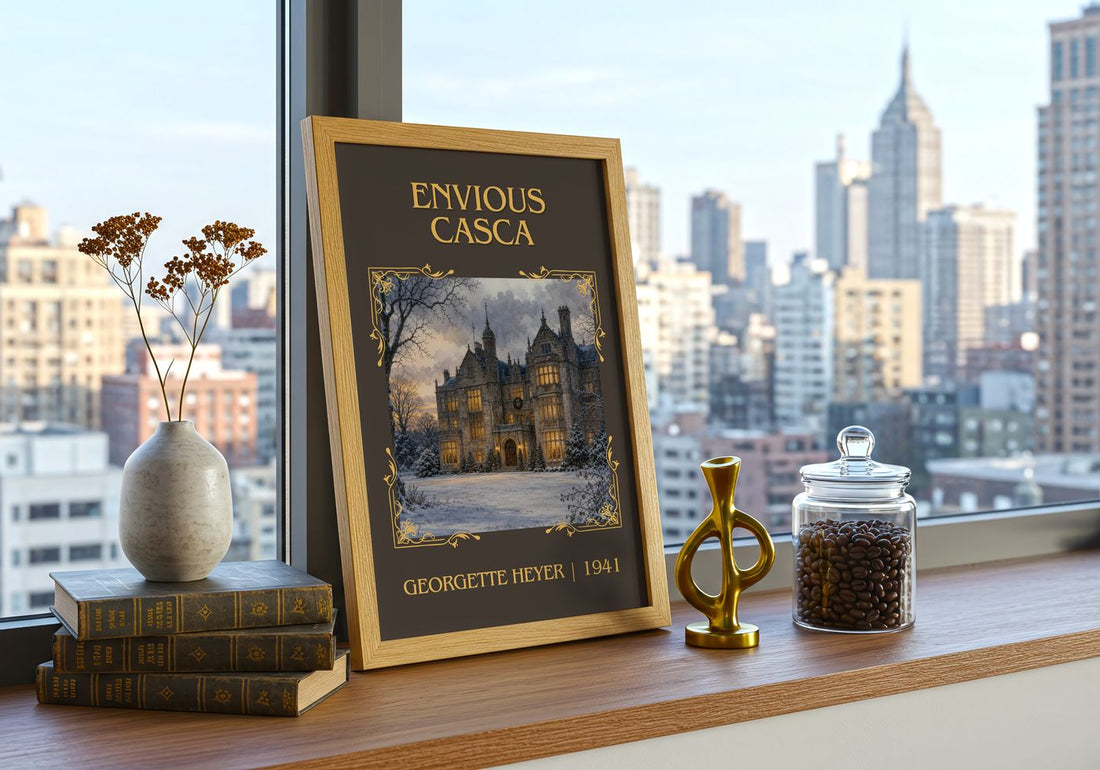 Envious Casca Classic Book Art Print by Georgette Heyer – framed print on a city-view windowsill