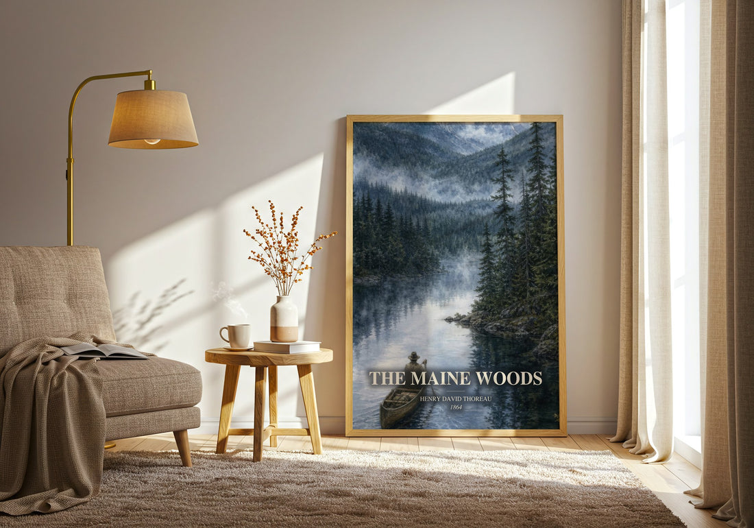 The Maine Woods watercolour print in frame leaning in hallway – non fiction wall art (mockup)