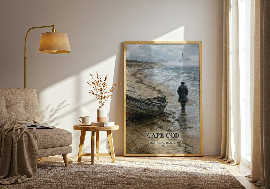 Cape Cod watercolour print in frame leaning in hallway – non fiction wall art (mockup)