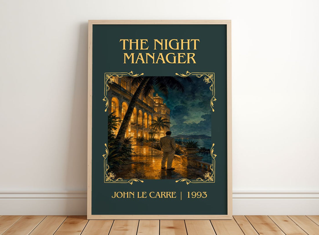 The Night Manager Classic Book Art Print by John le Carré – framed print leaning on a wooden floor