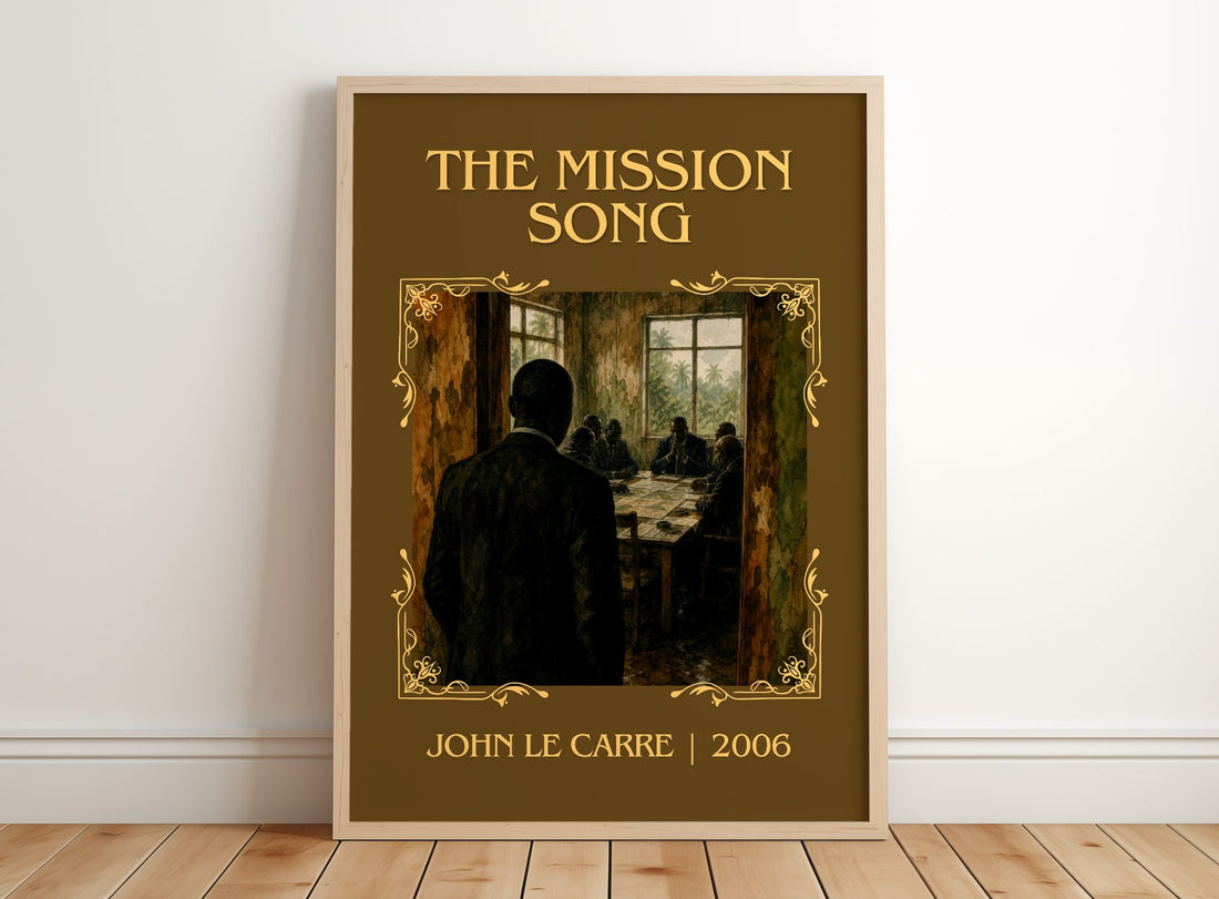 The Mission Song Classic Book Art Print by John le Carré – framed print leaning on a wooden floor
