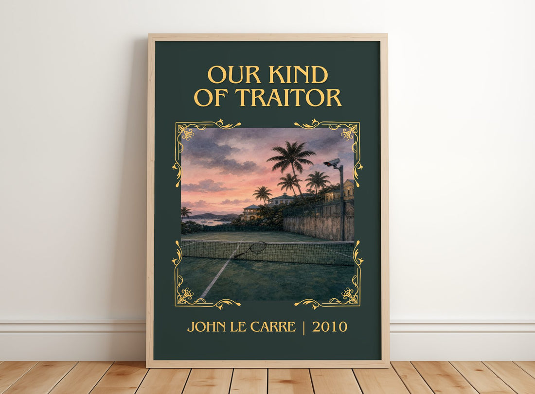 Our Kind of Traitor Classic Book Art Print by John le Carré – framed print leaning on a wooden floor