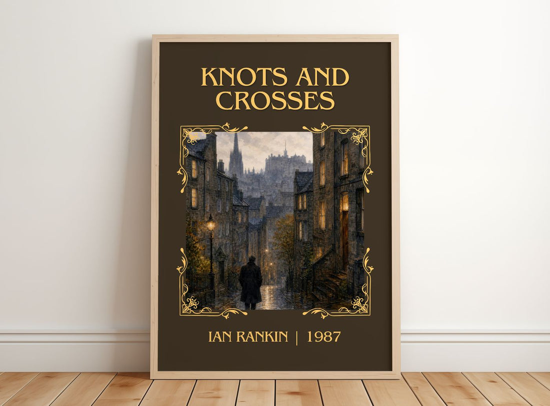 Knots and Crosses Classic Book Art Print by Ian Rankin – framed print leaning on a wooden floor