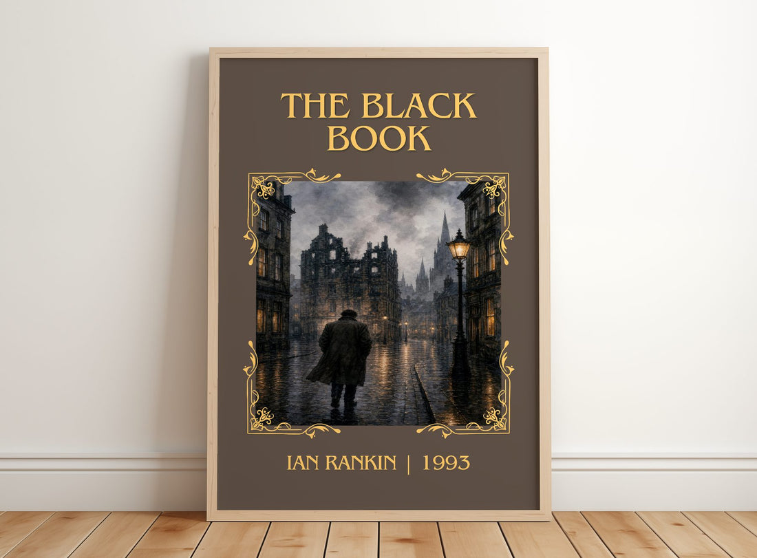 The Black Book Classic Book Art Print by Ian Rankin – framed print leaning on a wooden floor