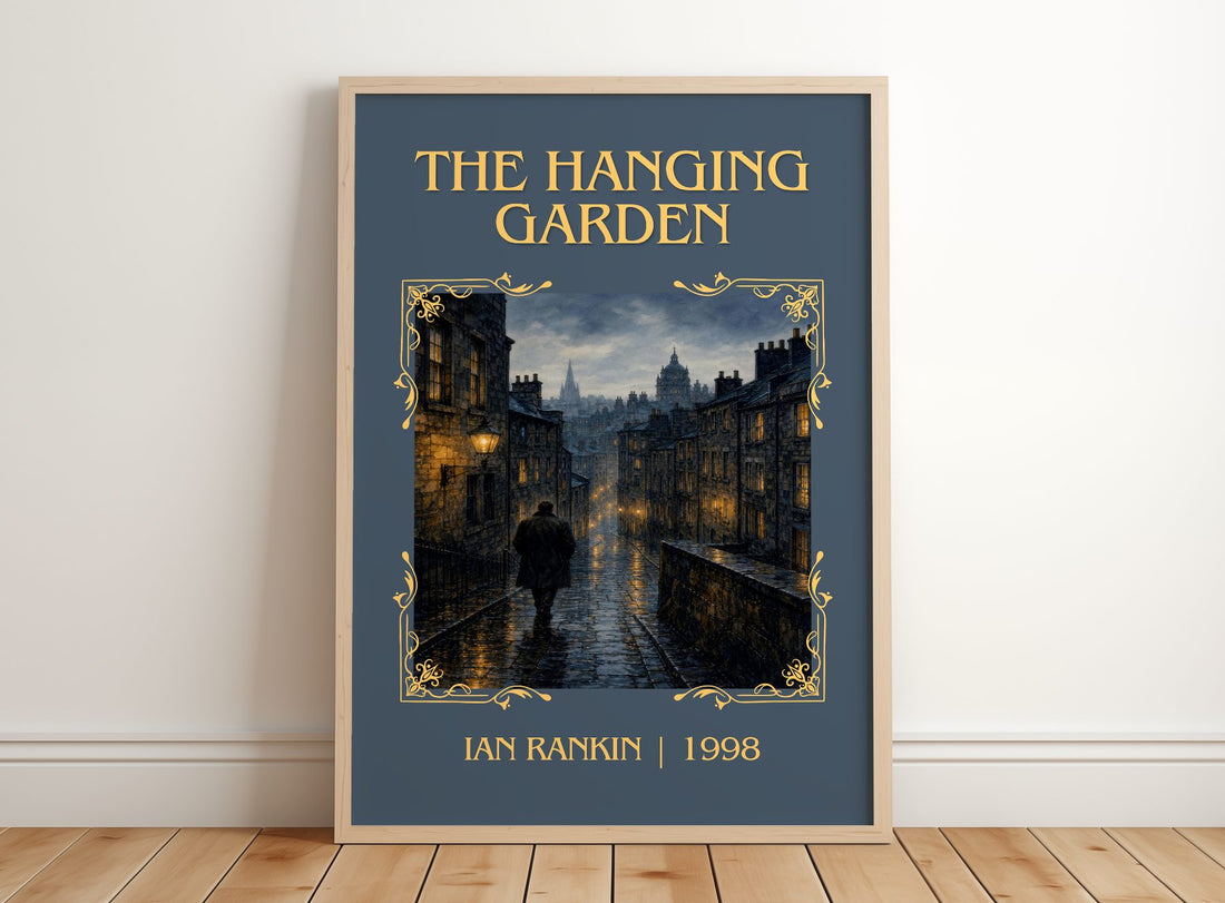 The Hanging Garden Classic Book Art Print by Ian Rankin – framed print leaning on a wooden floor