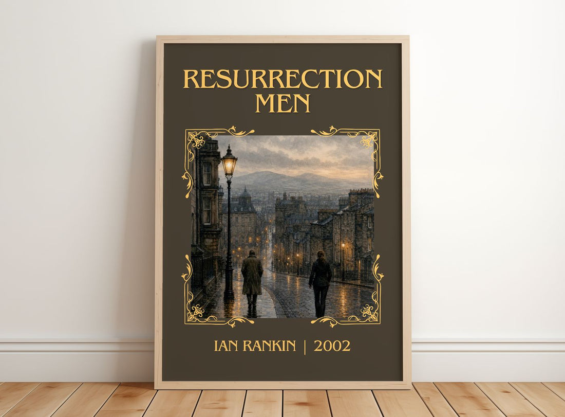 Resurrection Men Classic Book Art Print by Ian Rankin – framed print leaning on a wooden floor