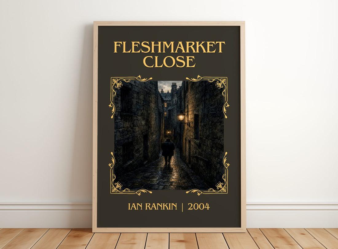 Fleshmarket Close Classic Book Art Print by Ian Rankin – framed print leaning on a wooden floor