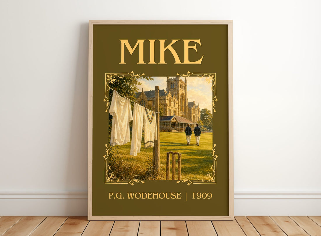 Mike Classic Book Art Print by P.G. Wodehouse – framed print leaning on a wooden floor