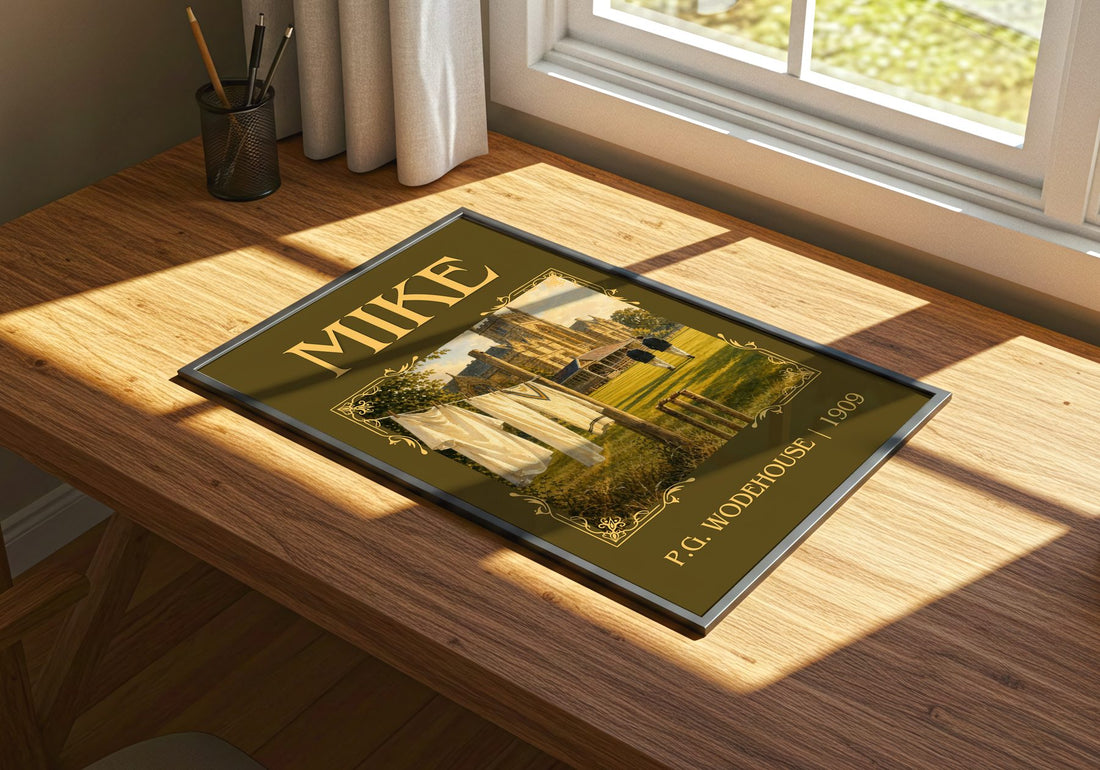 Mike Classic Book Art Print by P.G. Wodehouse – print on a sunlit desk