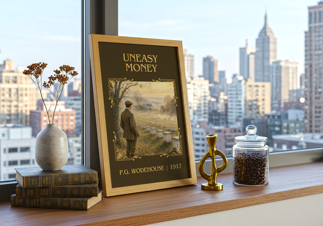 Uneasy Money Classic Book Art Print by P.G. Wodehouse – framed print on a city-view windowsill