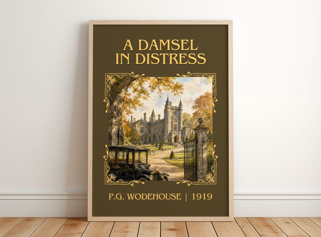 A Damsel in Distress Classic Book Art Print by P.G. Wodehouse – framed print leaning on a wooden floor