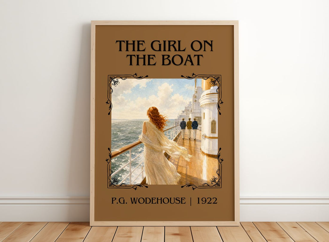 The Girl on the Boat Classic Book Art Print by P.G. Wodehouse – framed print leaning on a wooden floor