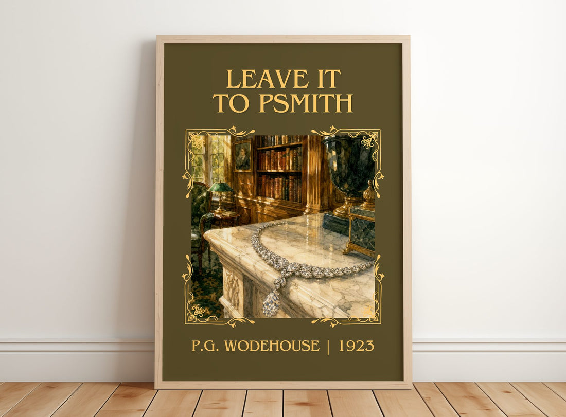 Leave It to Psmith Classic Book Art Print by P.G. Wodehouse – framed print leaning on a wooden floor