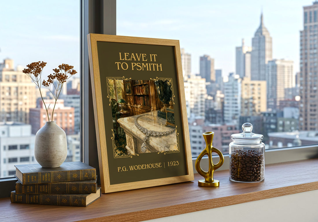 Leave It to Psmith Classic Book Art Print by P.G. Wodehouse – framed print on a city-view windowsill