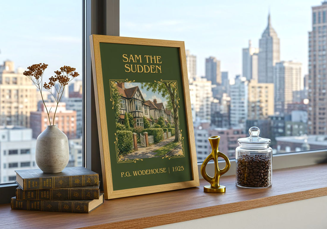 Sam the Sudden Classic Book Art Print by P.G. Wodehouse – framed print on a city-view windowsill