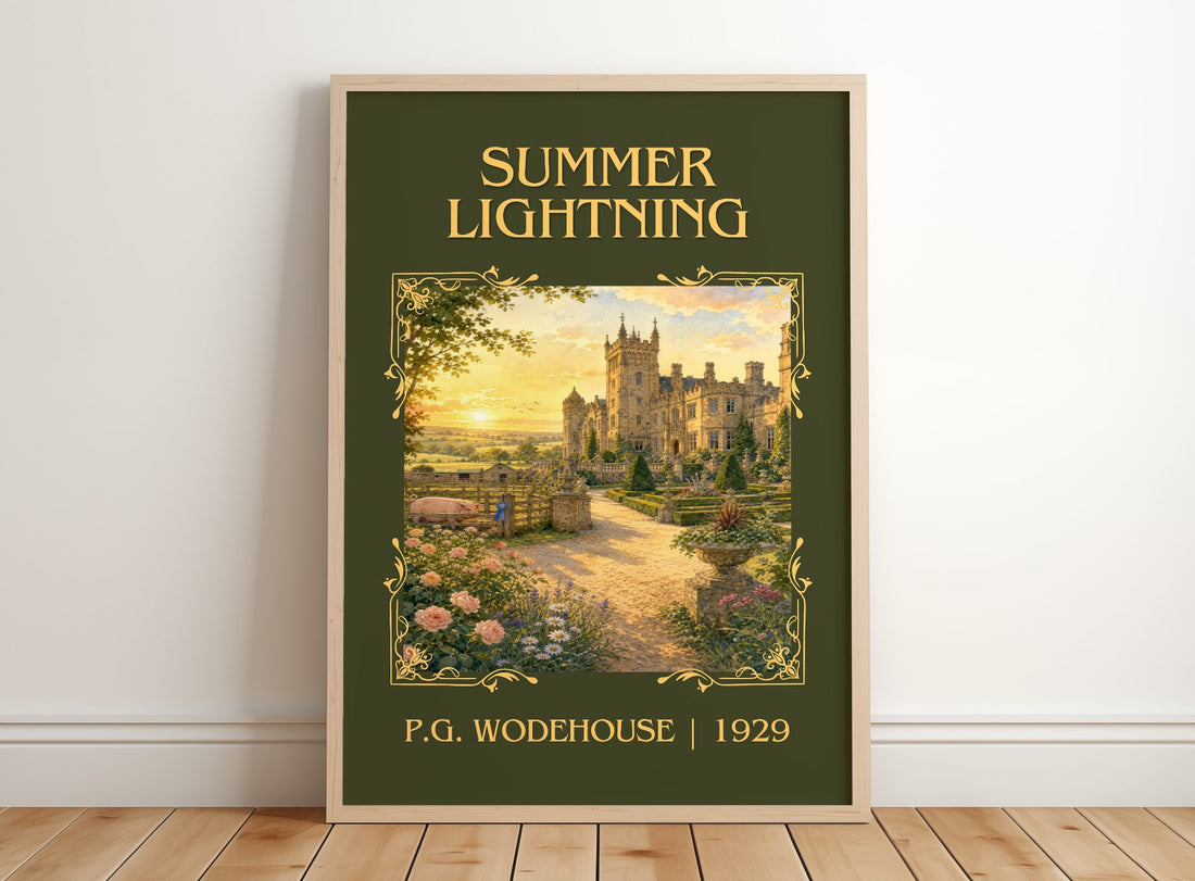Summer Lightning Classic Book Art Print by P.G. Wodehouse – framed print leaning on a wooden floor