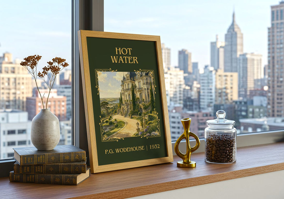 Hot Water Classic Book Art Print by P.G. Wodehouse – framed print on a city-view windowsill