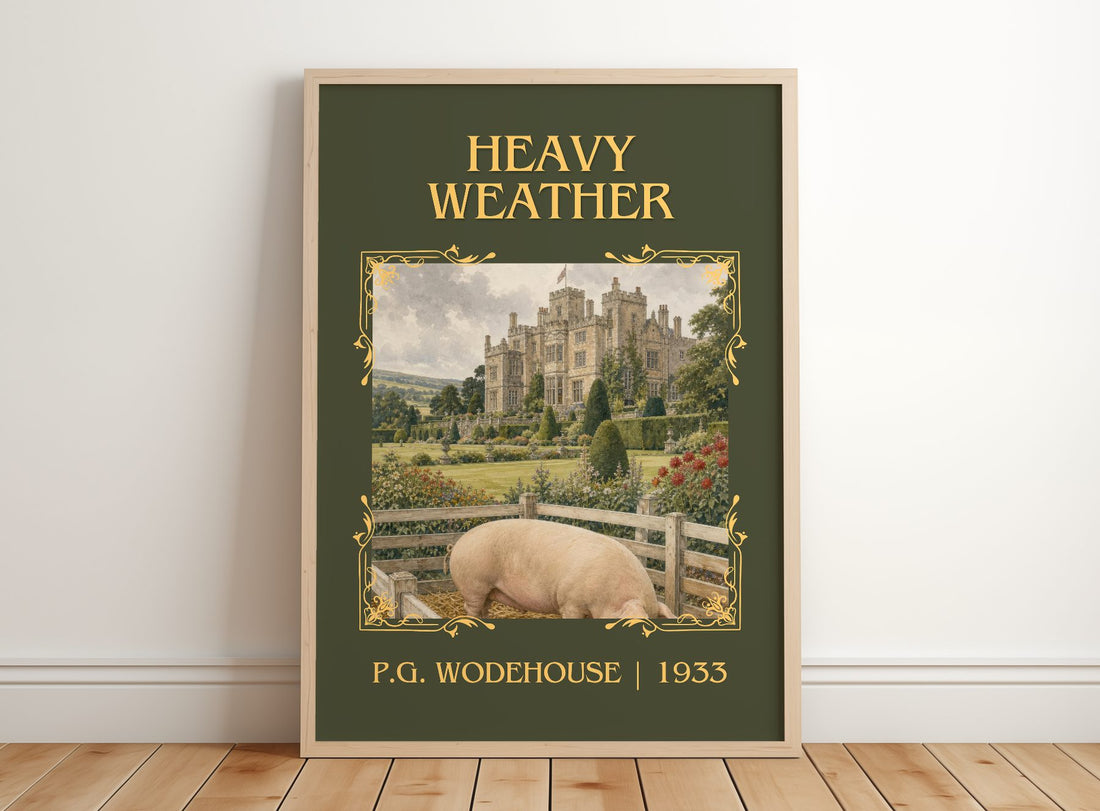 Heavy Weather Classic Book Art Print by P.G. Wodehouse – framed print leaning on a wooden floor