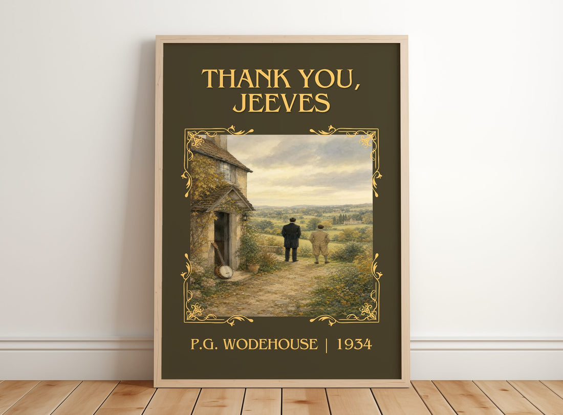 Thank You, Jeeves Classic Book Art Print by P.G. Wodehouse – framed print leaning on a wooden floor