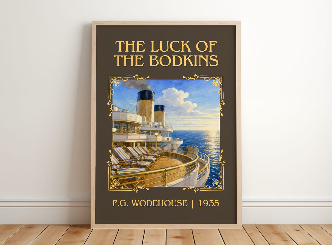 The Luck of the Bodkins Classic Book Art Print by P.G. Wodehouse – framed print leaning on a wooden floor