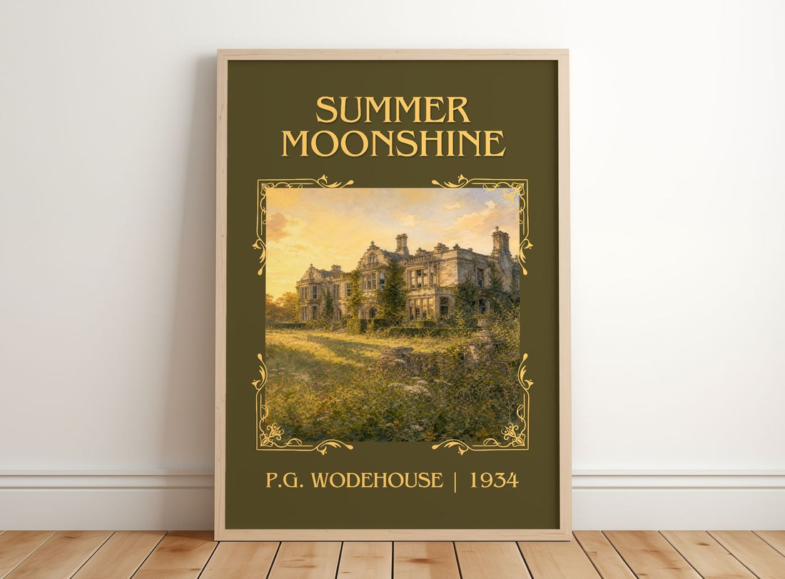 Summer Moonshine Classic Book Art Print by P.G. Wodehouse – framed print leaning on a wooden floor