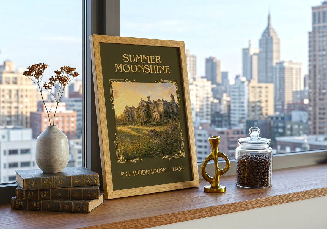 Summer Moonshine Classic Book Art Print by P.G. Wodehouse – framed print on a city-view windowsill
