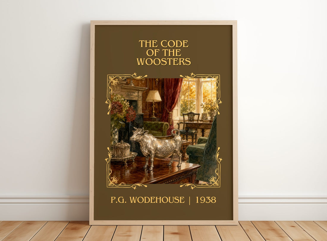 The Code of the Woosters Classic Book Art Print by P.G. Wodehouse – framed print leaning on a wooden floor