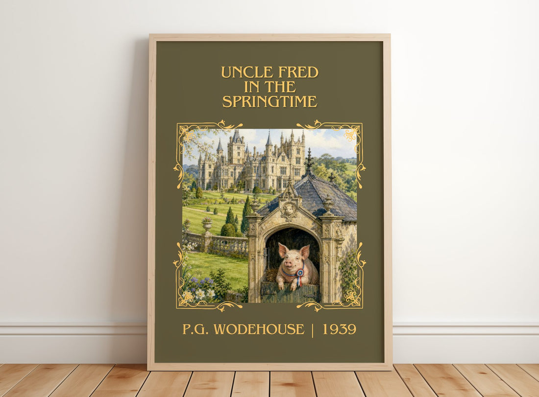 Uncle Fred in the Springtime Classic Book Art Print by P.G. Wodehouse – framed print leaning on a wooden floor