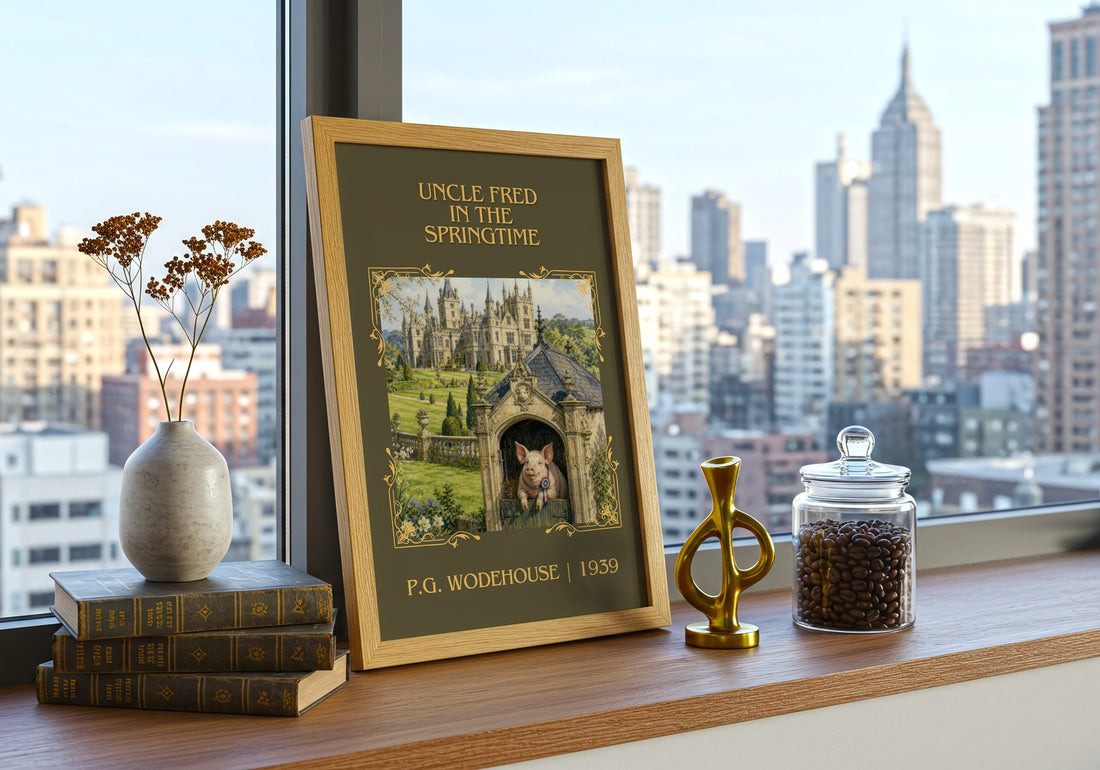 Uncle Fred in the Springtime Classic Book Art Print by P.G. Wodehouse – framed print on a city-view windowsill