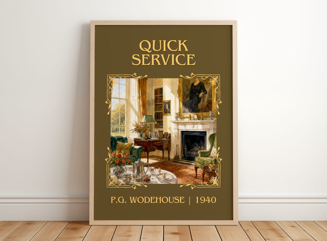 Quick Service Classic Book Art Print by P.G. Wodehouse – framed print leaning on a wooden floor